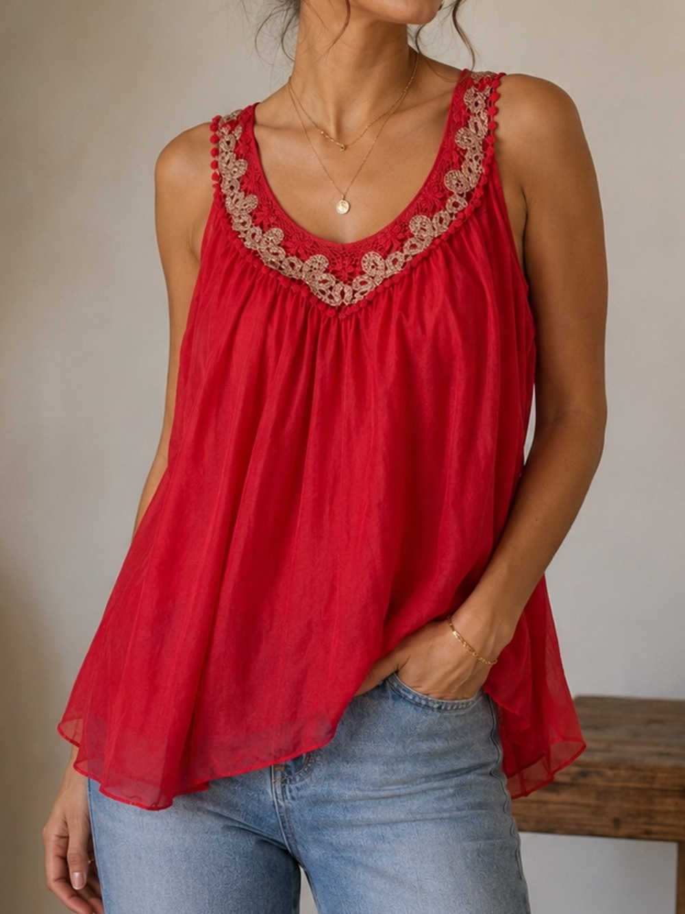 Red and Gold Crochet-Trim Sleeveless Top- Made in Italy (Medium)